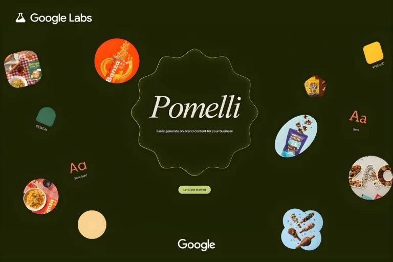 Illustration de Google Pomelli, l’outil d’intelligence artificielle marketing conçu pour les petites équipes, avec exemples de contenus générés automatiquement.